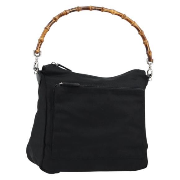 GUCCI Bamboo Hand Bag Nylon Leather Black Silver 000 2404 0509 Auth ep11486